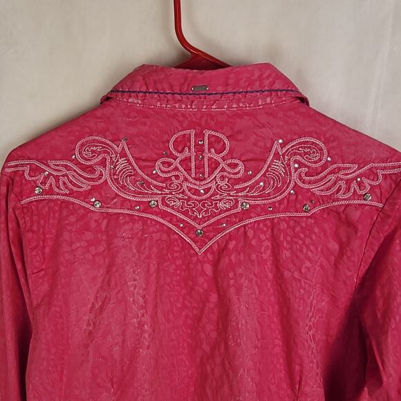 Roar pink embroidered sequined satin trim button up western shirt Large Cowgirl - Picture 5 of 10